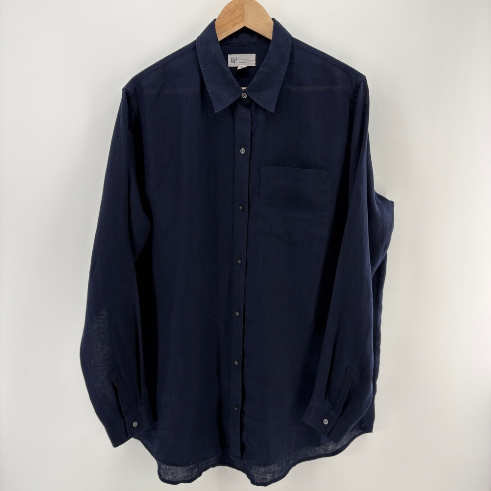 Gap 100% Linen Boyfriend Fit Button Up Shirt M Tall Navy Long Sleeve